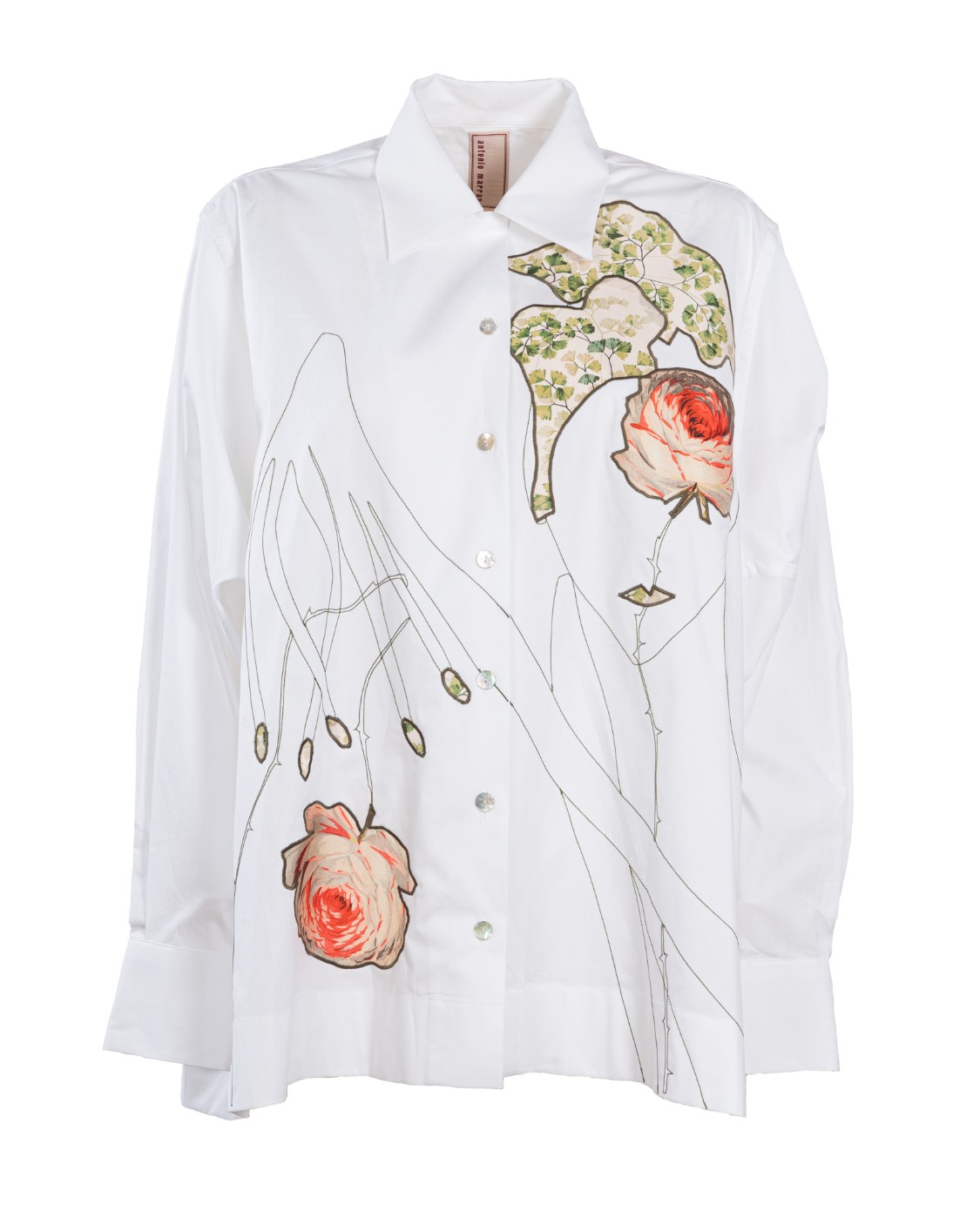 shop ANTONIO MARRAS Saldi Camicia: Antonio Marras camicia bianca in fresco cotone decorata con un ricamo di rose e un disegno astratto.
 Vestibilità morbida.
Colletto a punta.
Chiusura con bottoni.
Composizione: 95% cotone 5% elastan.
Fabbricato in Italia.. LB1053D63S2-100 number 6258589